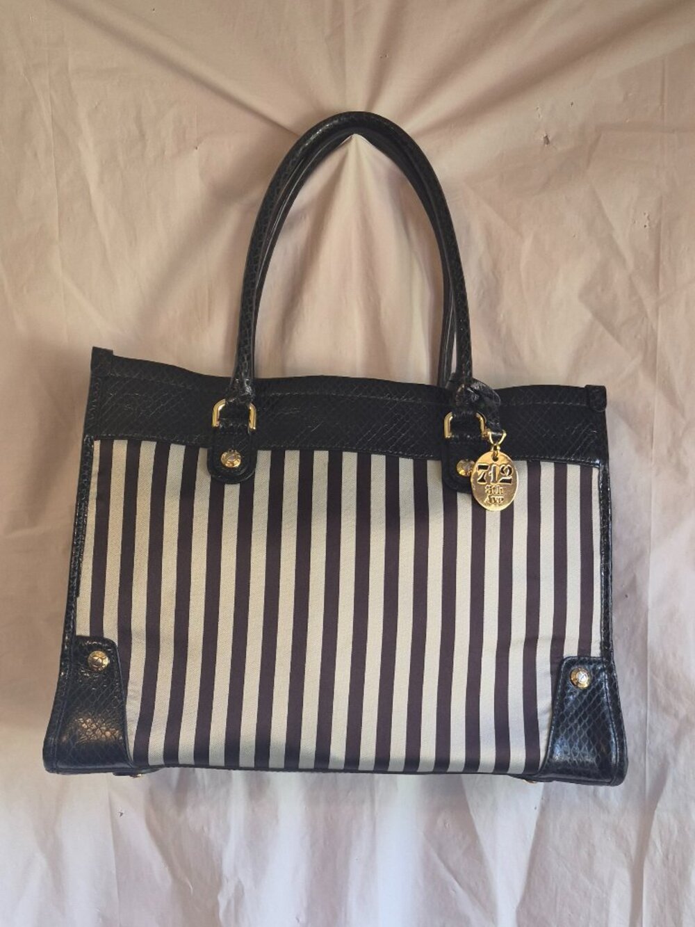 Vintage Henri Bendel 712 5th Ave Large Striped Tote Bag Purse Black / White